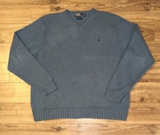 VTG Polo Ralph Lauren Men's Slate Blue Knit Midweight Cotton V-Neck Sweater - XL