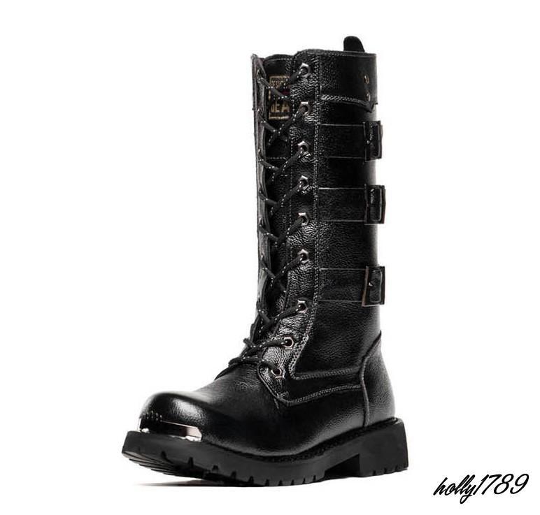 Mens Round Toe Punk Mid-Calf Motor Boots Buckle Lace Up Military Black Shoes New Mens Round Toe Punk Mid-Calf Motor Boots Buckle Lace Up Military Black Shoes New