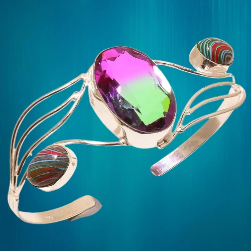 Bi-Color Tourmaline, Rainbow Calsilica Gemstone 925 Sterling Silver Cuff p041 - Image 2 of 4