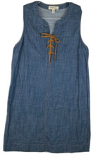 Monteau Shift Denim Dress Women's Size Medium Blue Sleeveless Lace Up Cotton