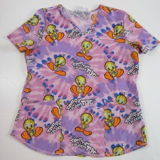 loony toons women's scrub top medium pink purple