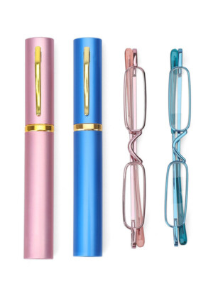 Unisex Pocket Reading Glasses Slim Mini Metal Readers with Pen Tube Case 1.0~4.0