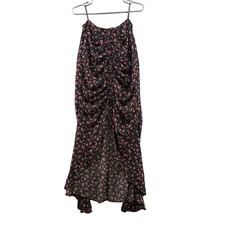 TRAC Split Front Midi Dress Cami Slip Black Floral Ruched Size M Boho Chiffon