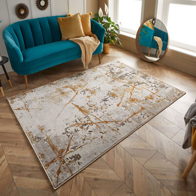 Teppiche für Wohnzimmer Hochwertig Creme Gold Farbe Marmor Design Modern Rug