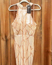 Miss ord Women's Formal Halter Sequin Beaded Shoulder Maxi Cocktail Dress Gold L