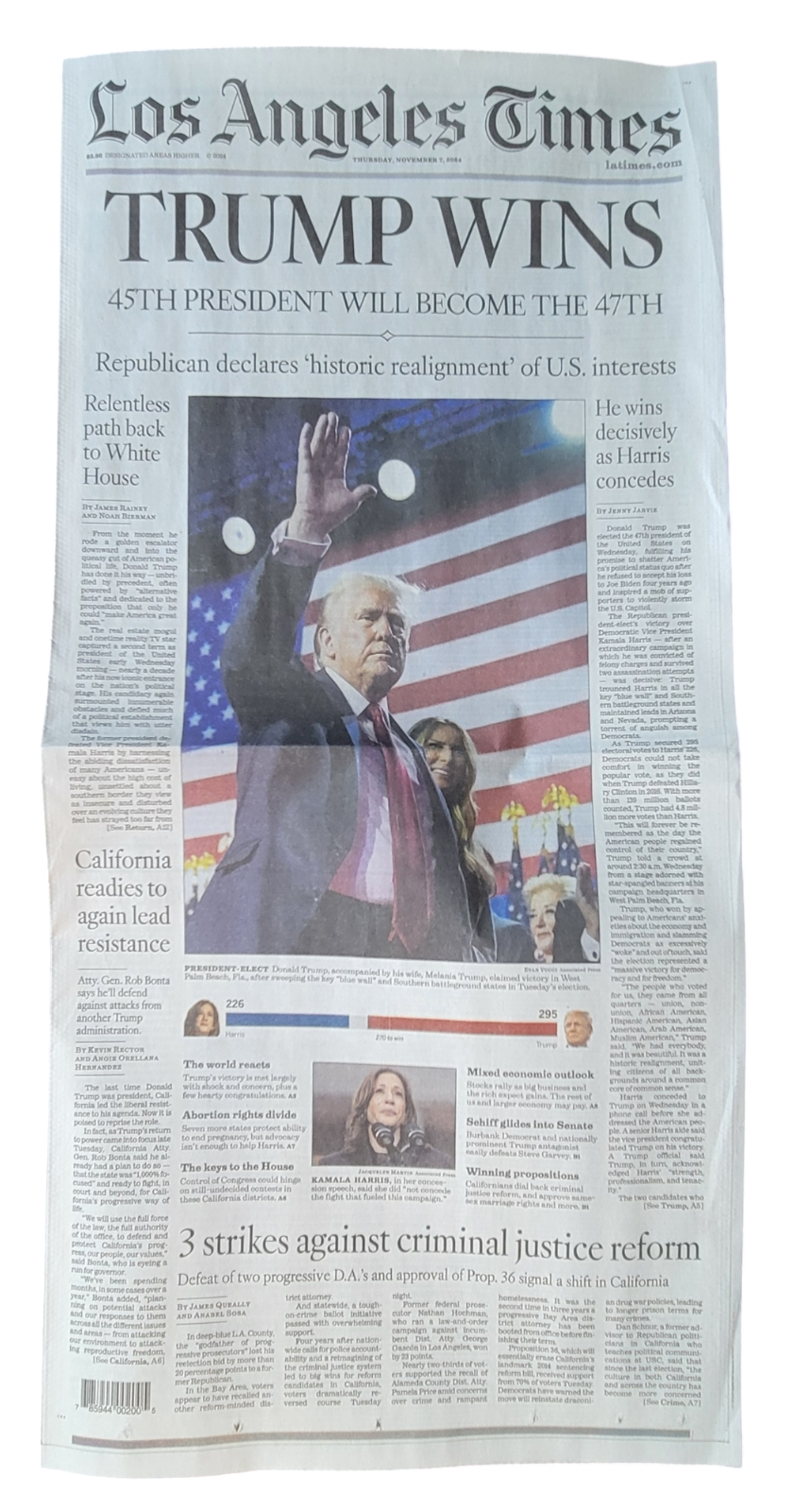 LOS ANGELES LA TIMES NOV 7, 2024 DONALD TRUMP WINS 47TH PRESIDENTAL ELECTION