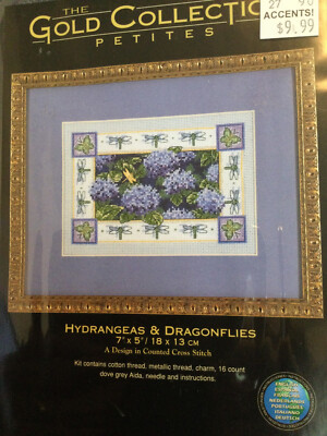 VTG HTF DIMENSIONS Hydrangeas & Dragonflies Gold Coll. Petites Cross Stitch Kit