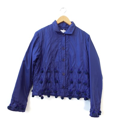 Western Down Jacket Women Large Packable Blue Navy Pom Pom Italy NWT ASPESI $565