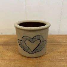 Miniature Stoneware Crock w/Heart Salt Glaze Pottery Farmhouse Country