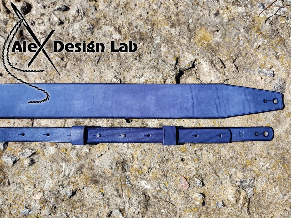 Correa de guitarra ancha azul púrpura de cuero larga personalizada bajo eléctrico Mad Max Foto 2 de 4