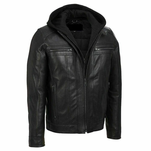 Removable Hood Men's Black Hooded Biker Jacket Real Leather Jacket