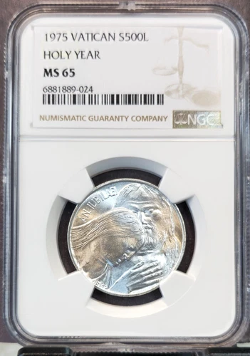1975 VATICAN SILVER 500 LIRE S500L HOLY YEAR NGC MS 65 BRIGHT GEM BU BEAUTY