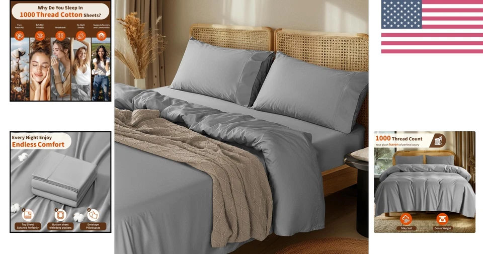 Lujoso Juego de Sábanas Queen de Algodón Egipcio 1000 Hilos - Gris, 4 Piezas Foto 2 de 4