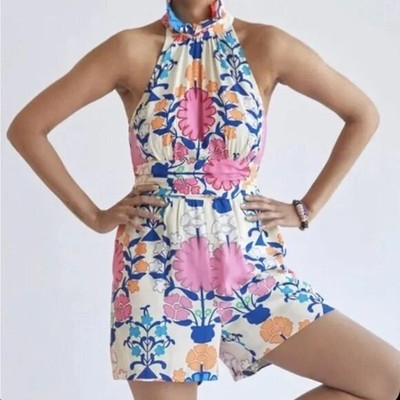 Rachel Roy Floral High Neck Romper Sz S Multicolor Rayon Casual Summer Colorful