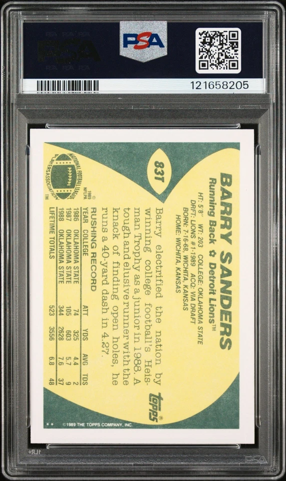 1989 TOPPS 交易 #83T 巴里·桑德斯新秀签名 DNA 认证 PSA 10 — 第 3/3 张图片