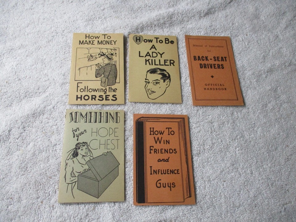 A set of 5 genuine 1940s cardboard humor cards — tiny, weird, Depression/WWII-era gag artifacts that are conversation pieces as much as collectibles.