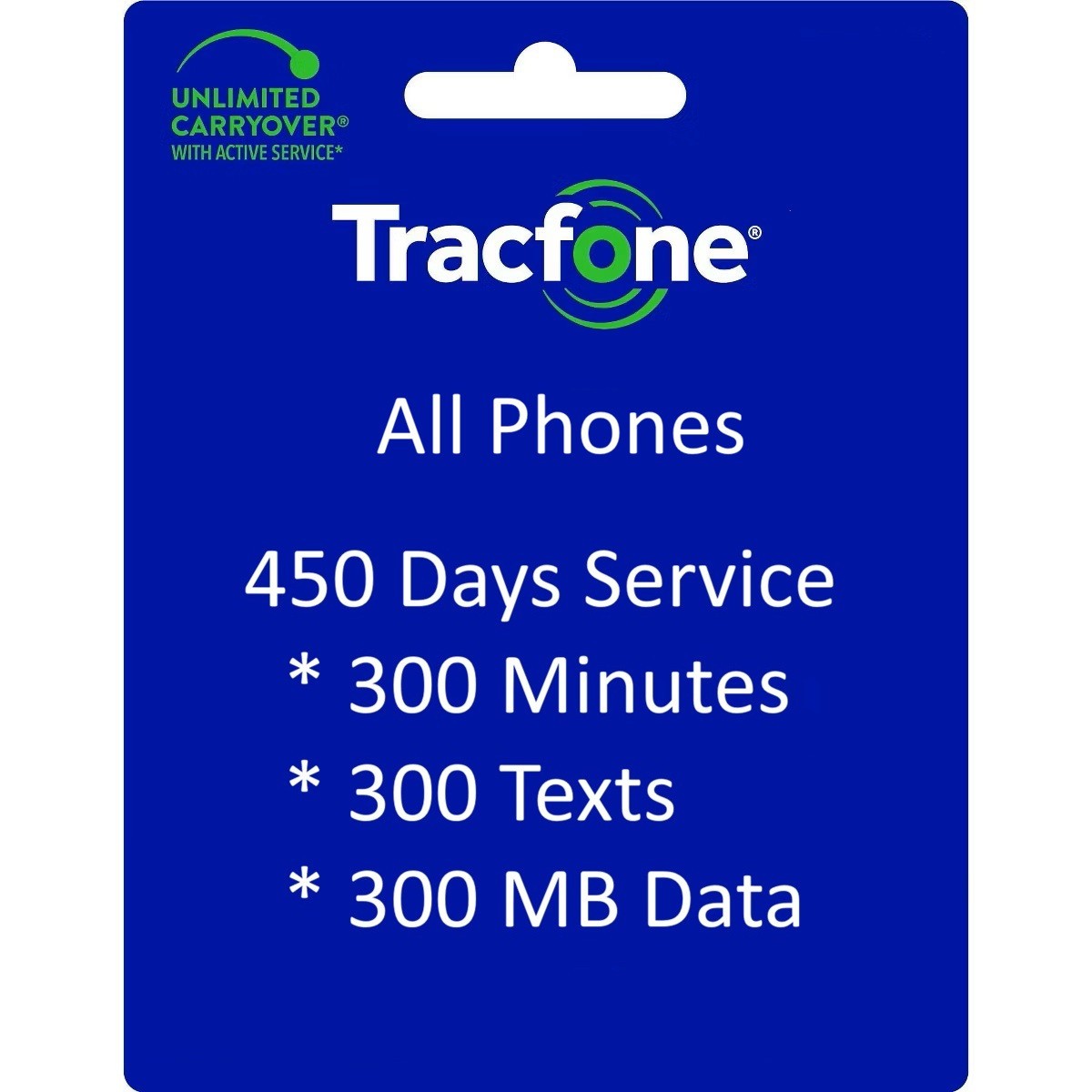 TracFone Service Extension 450 Days + 300mins/300texts/300MB Data,All Phones