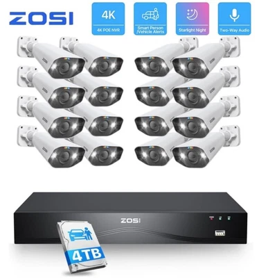 ZOSI 4K 16CH PoE Security Camera System 16pcs 8MP PoE IP Camera Night Vision 4TB