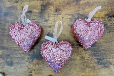 3 Pink Glitter Heart Ornaments, Ribbon hanger, 4" Tall, NWT