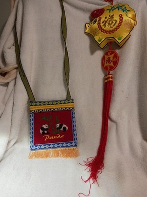 Chinese Panda Handbag With Tassels,  And  Chinese Pig Hanging Fixture.