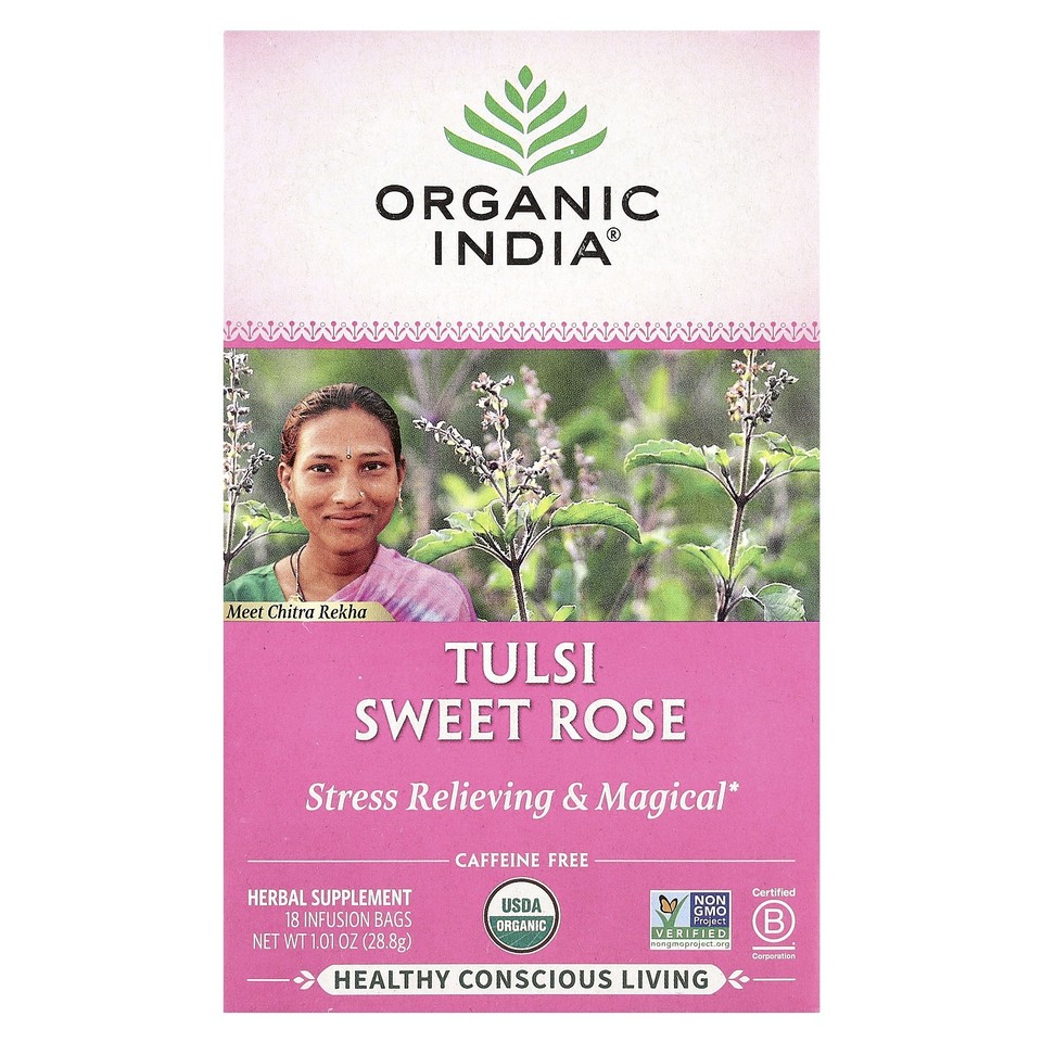 Tulsi Sweet Rose Tea, Caffeine Free, 18 Infusion Bags, 1.01 oz (28.8 g)