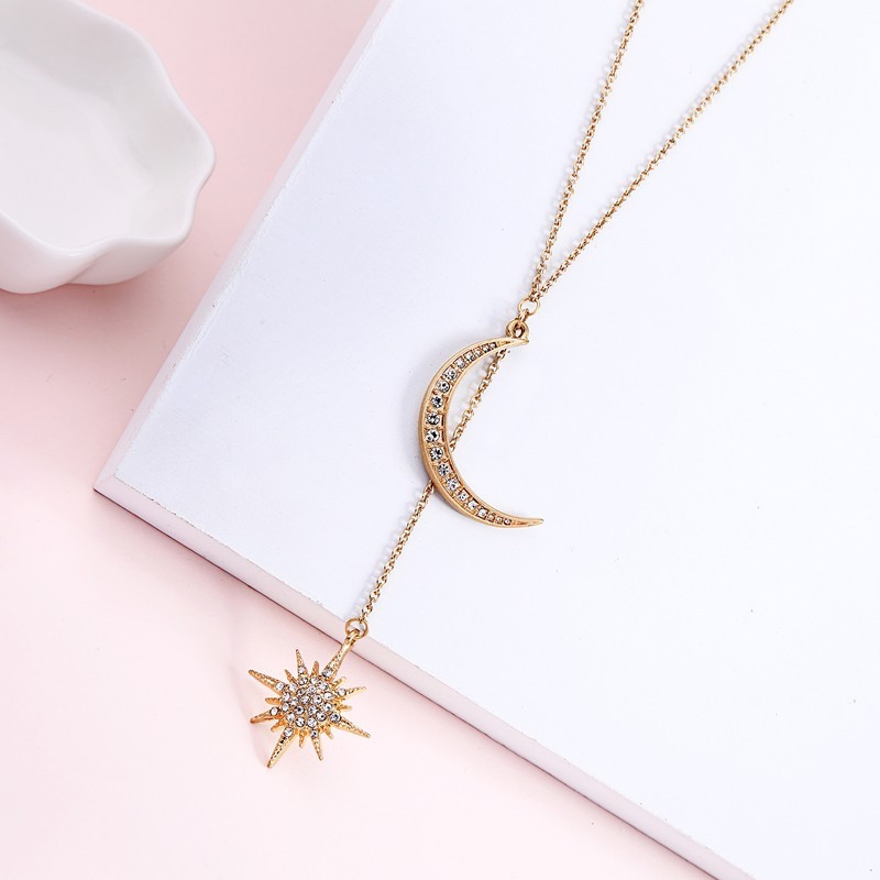 Gold Metal Sparkly Sun & Moon Cubic Zirconia Charm Pendant Necklace