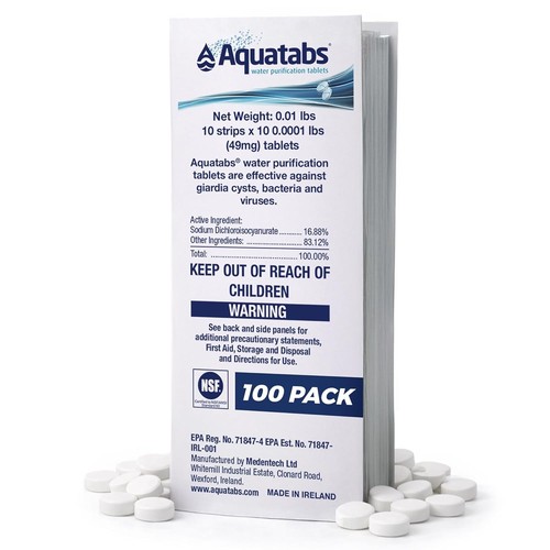 Aquatabs 49mg Water Purification Tablets. 100 Pack (Expires: November 2027)