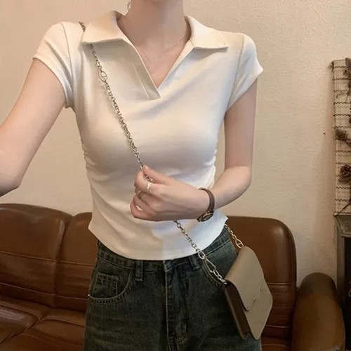 Women's Fashionable Solid Color Short Sleeve Top with Lapel and Waist Cinching - Picture 3 of 16