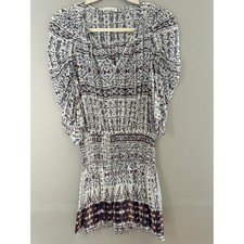 Ulla Johnson Nour Silk Mini Dress Smocked Waist Puff Sleeve Boho Snow Size 0 XS
