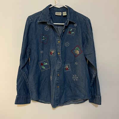 Classic Elements Womens Embroidered Denim Christmas Shirt Medium Petite Blue