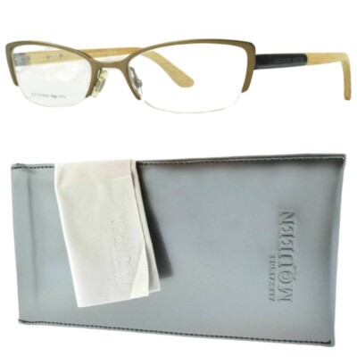 Alexander McQueen AMQ 4183 WCU Women Semi Rim Rectangular Brown Beige Wood Frame