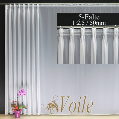 Hochwertige Gardine Fertiggardinen Voile Store Vorhang 5er-FALTE 1:2,5 / 50 mm
