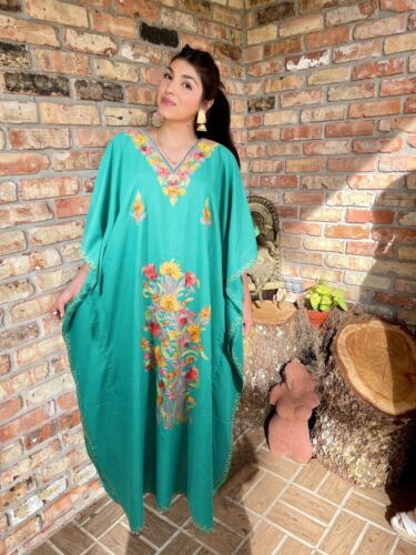 Maxi Kaftan Dress for Women Boho Hippie Sea Green Embroidered Cotton Dress L-3XL