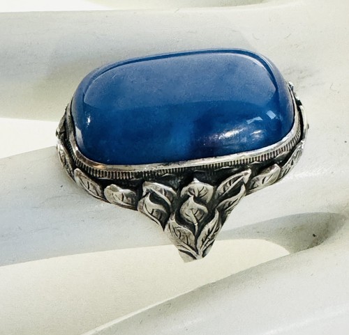 Beautiful Antique Art Nouveau Ornate Sterling Silver & Blue Art Glass Stone Ring