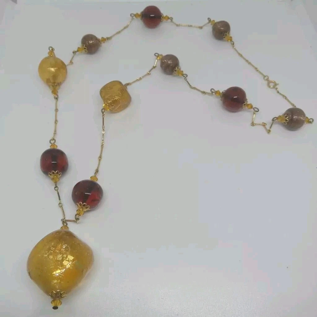 VETEMENTS Collana Perline Vetro Oro Marrone Vetro Iridescente Moda Arte Foil Inclusione