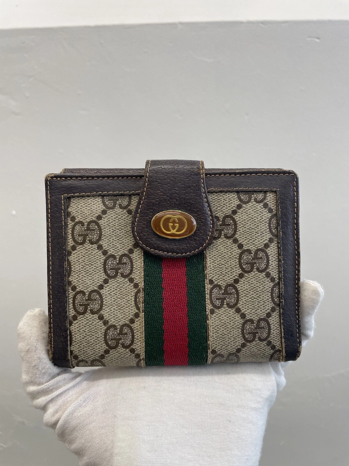 Autentico portafoglio compatto bif GUCCI WMNS VNTG GG rivestito tela monogramma