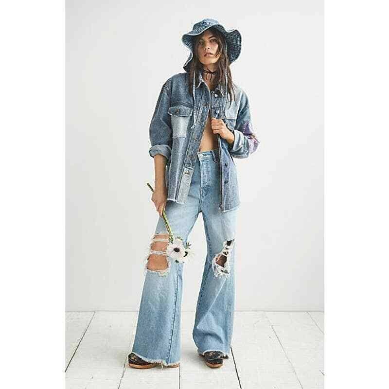 Free People We The Free Ollie Extreme Wide Leg destroyed denim jeans 24 NEW