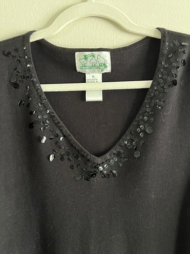 The Quacker Factory Sweater XL Black Cotton Pullover 3/4 Sleeve V-Neck Sequins - Picture 3 of 5