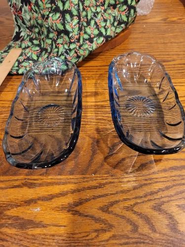Vintage Pair Of Blue Glass Relish Tray Banana Split Boat 8" X 4" Anchor Hocking