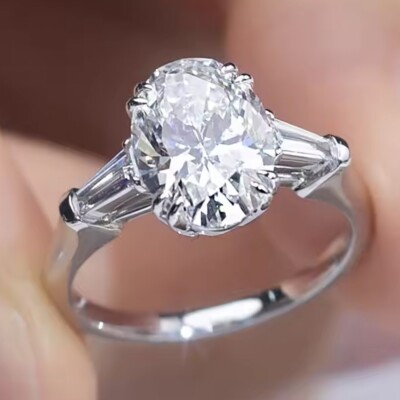 3.46 TCW Oval Cut Moissanite Three Stone Engagement Ring 14K White Gold Plated