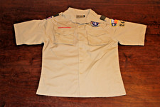 Boy Scouts of America BSA Youth Shirt Tan Large Glued Patches Short Sleeve