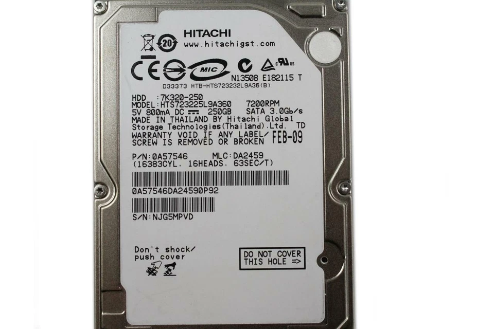 Hitachi 250GB Hard Drive Z7K320-250 2.5" HTS723225A7A364 7200RPM HTS723225L9A360 - Image 2 of 4