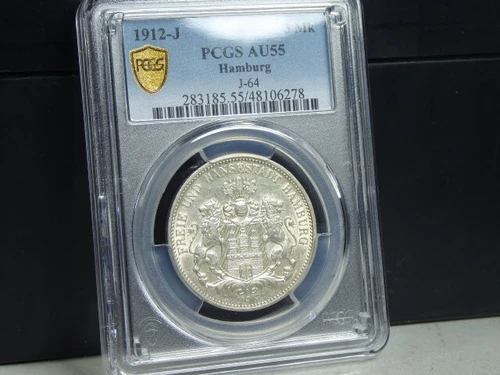(M-105) German Reich Kaiserreich Hamburg 3 RM 1912 J, J. 64, PCGS AU55