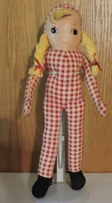 Vintage 1963 Stuffed Red Checked  18.5" Oil Cloth Doll-Painted Features-Yarn