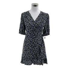 GAP Medium Black Blue Floral Short Mini Wrap Dress Ruffle Hem Side Tie