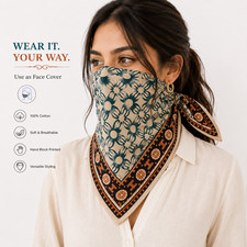 Blue Floral Boho Scarf - Handmade Indian Block Print Cotton Bandana