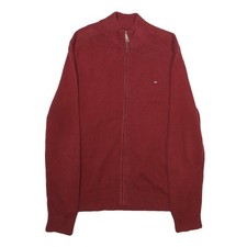 TOMMY HILFIGER Mens Red Jumper Patterned Full Zip Crew Neck Basic Knit L Cotton