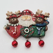 VTG Santa Reindeer JOY Brooch 2in Painted Resin Glitter Dangle Jingle Bells Pin