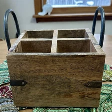 Primitive Rustic Farmhouse Style Distressed Wooden Caddy Bottle Utensil Holder