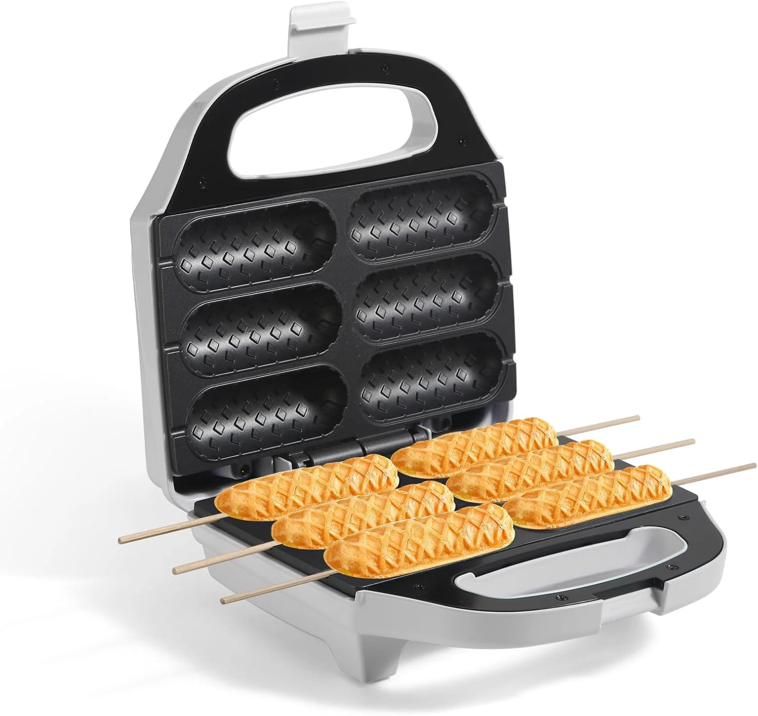 Maquina Waffle Corn Dog Hot Dog Antiadherente 6 Salchichas Cocina Rapida Blanco